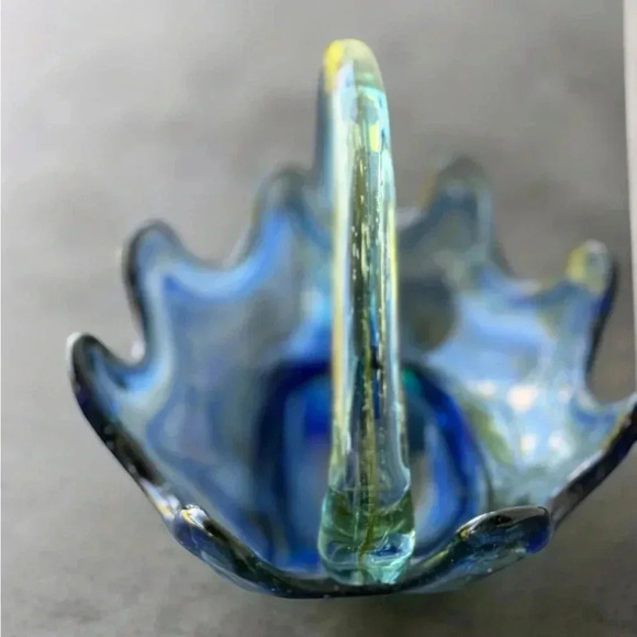 Vintage Murano Style Handblown Glass Cornucopia Basket Blue Green Swirl Decor - Picture 2 of 6